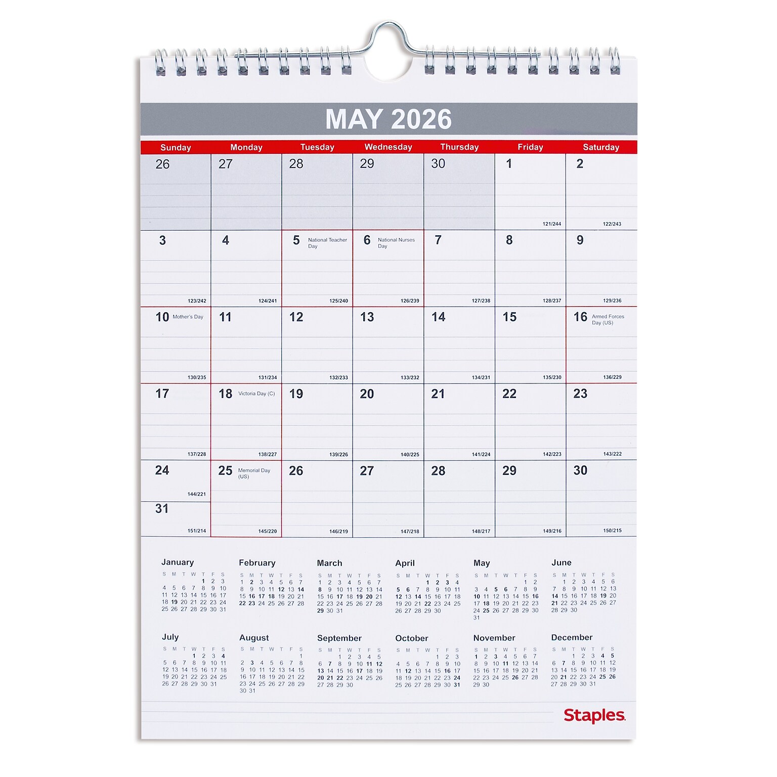2026 Staples 8 x 11 Monthly Wall Calendar, White/Red/Gray (ST53922-26)