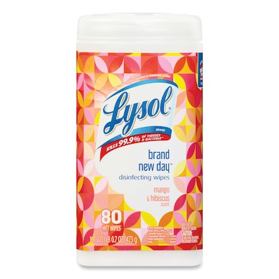 LYSOL® Brand Disinfecting Wipes, 7 x 7.25, Mango and Hibiscus, 80 Wipes/Canister