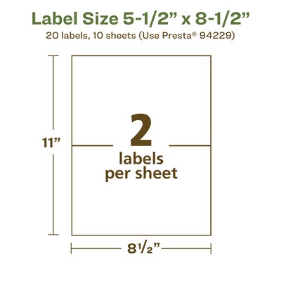 Avery EcoFriendly Laser/Inkjet Rectangle Multipurpose Labels, 5-1/2" x 8-1/2", White, 20/Pack (94229)