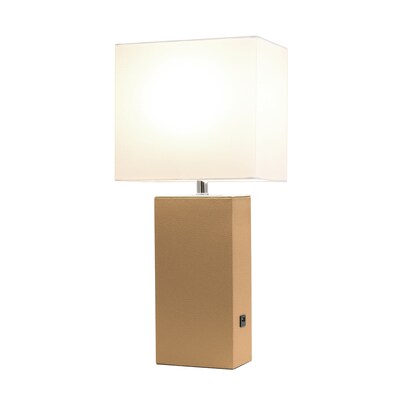 Lalia Home Lexington 21 Leather Base Modern Home Décor Bedside Table Lamp, White Rectangular Fabric