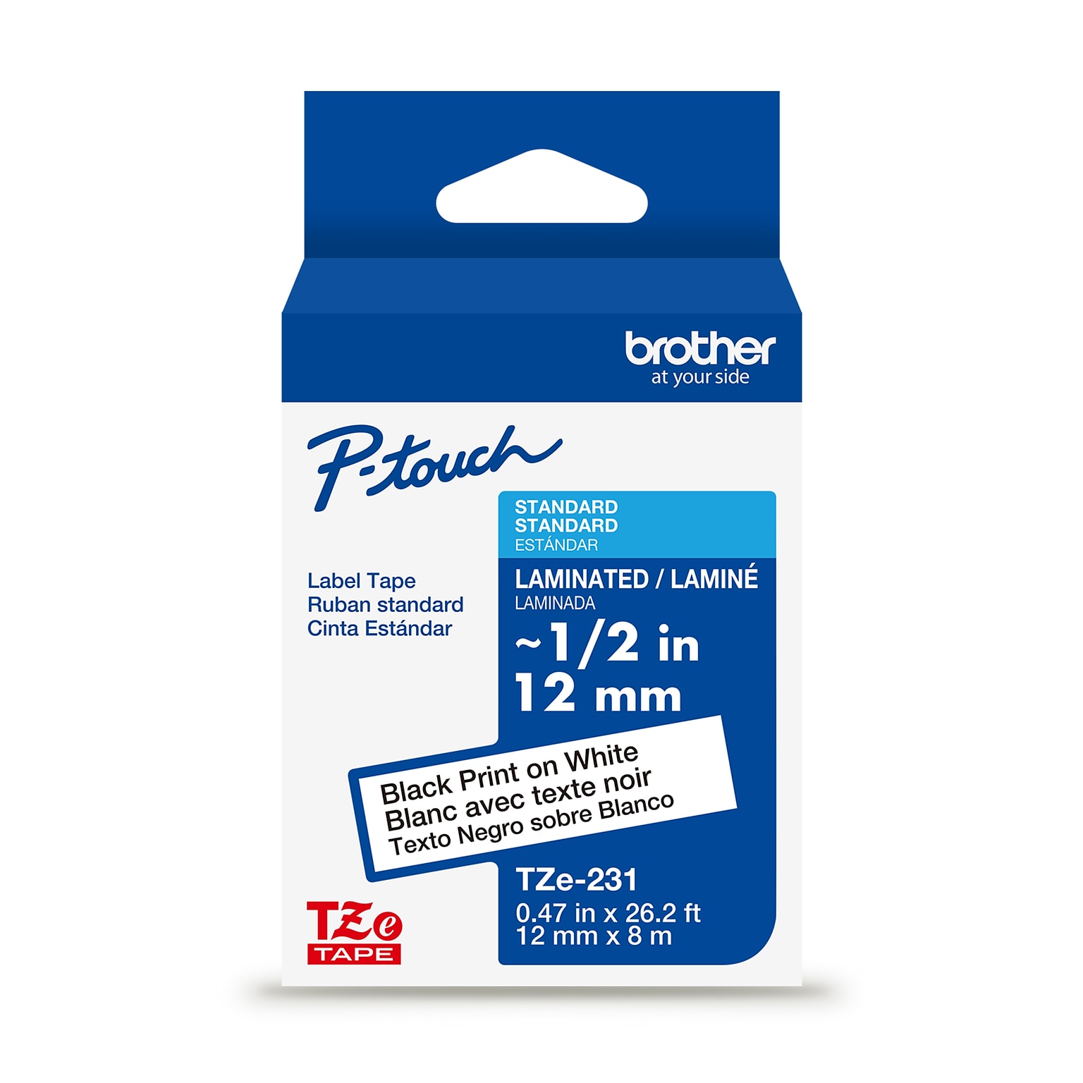 Brother P-touch Laminated Label Tape, ~1/2 x 26.2, Black on White (TZe231)