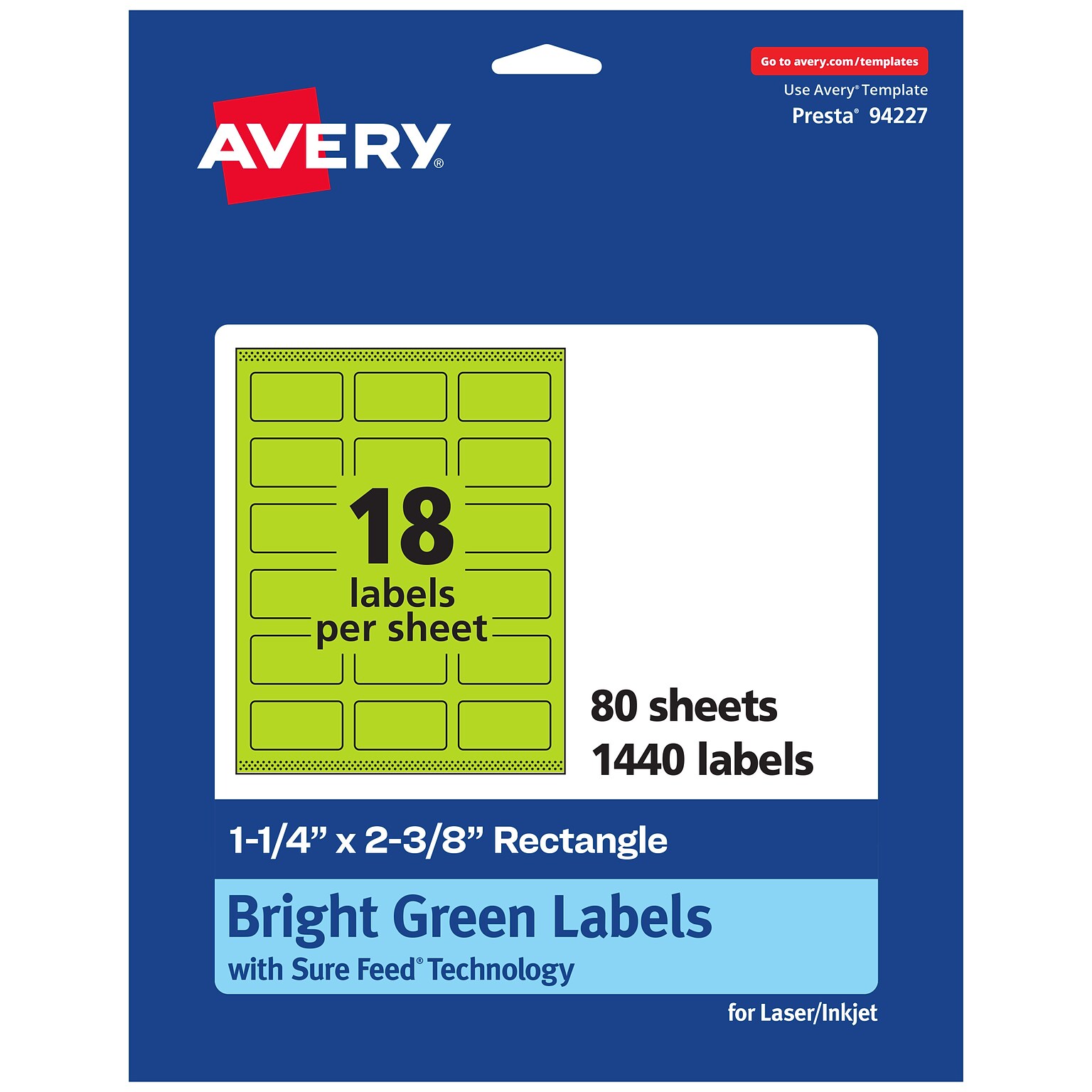 Avery Laser/Inkjet Multipurpose Rectangle Labels, 1-1/4 x 2-3/8, Bright Green, 1440/Box (94227)