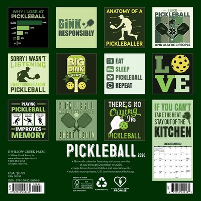 2026 Willow Creek Pickleball 7 x 7 Monthly Wall Calendar (56769)