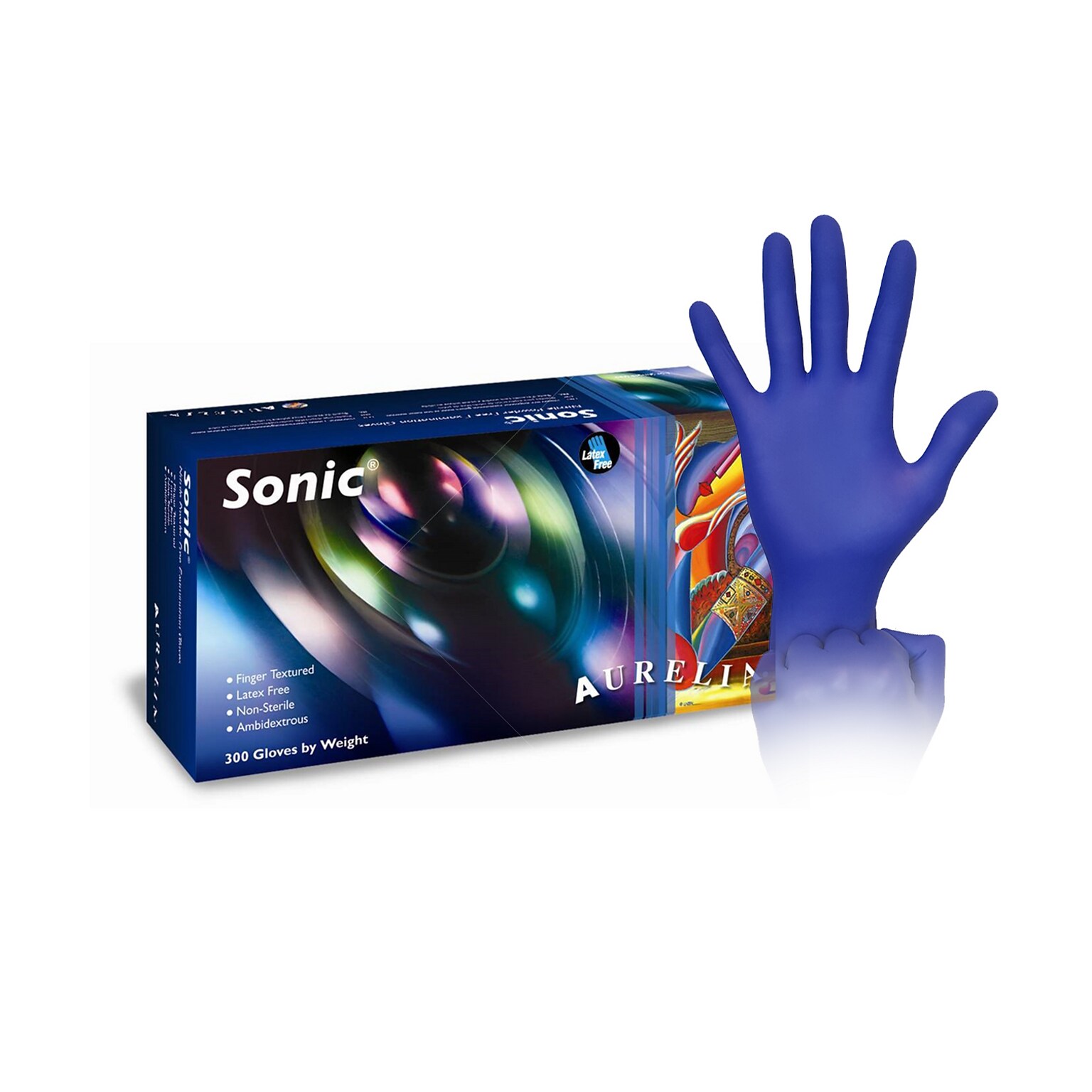 Aurelia 93778 Sonic Powder Free Nitrile Food Safe Exam Gloves, Large, Cobalt Blue, 300 Gloves/Box, 10/Box