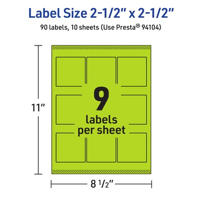 Avery Laser/Inkjet Multipurpose Square Labels, 2.5" x 2.5", Bright Green, 90/Pack (94104)
