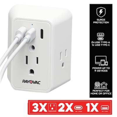 RAYOVAC 3-Outlet 3-USB Port Surge Protector Wall Tap, 540 Joules, White (SS-Q901)