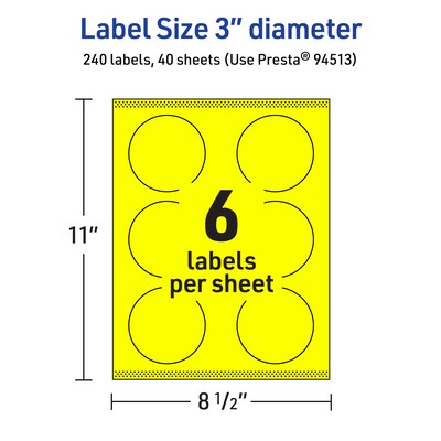 Avery Laser/Inkjet Round Multipurpose Labels, 3" Dia., Neon Yellow, 240/Pack (94513)
