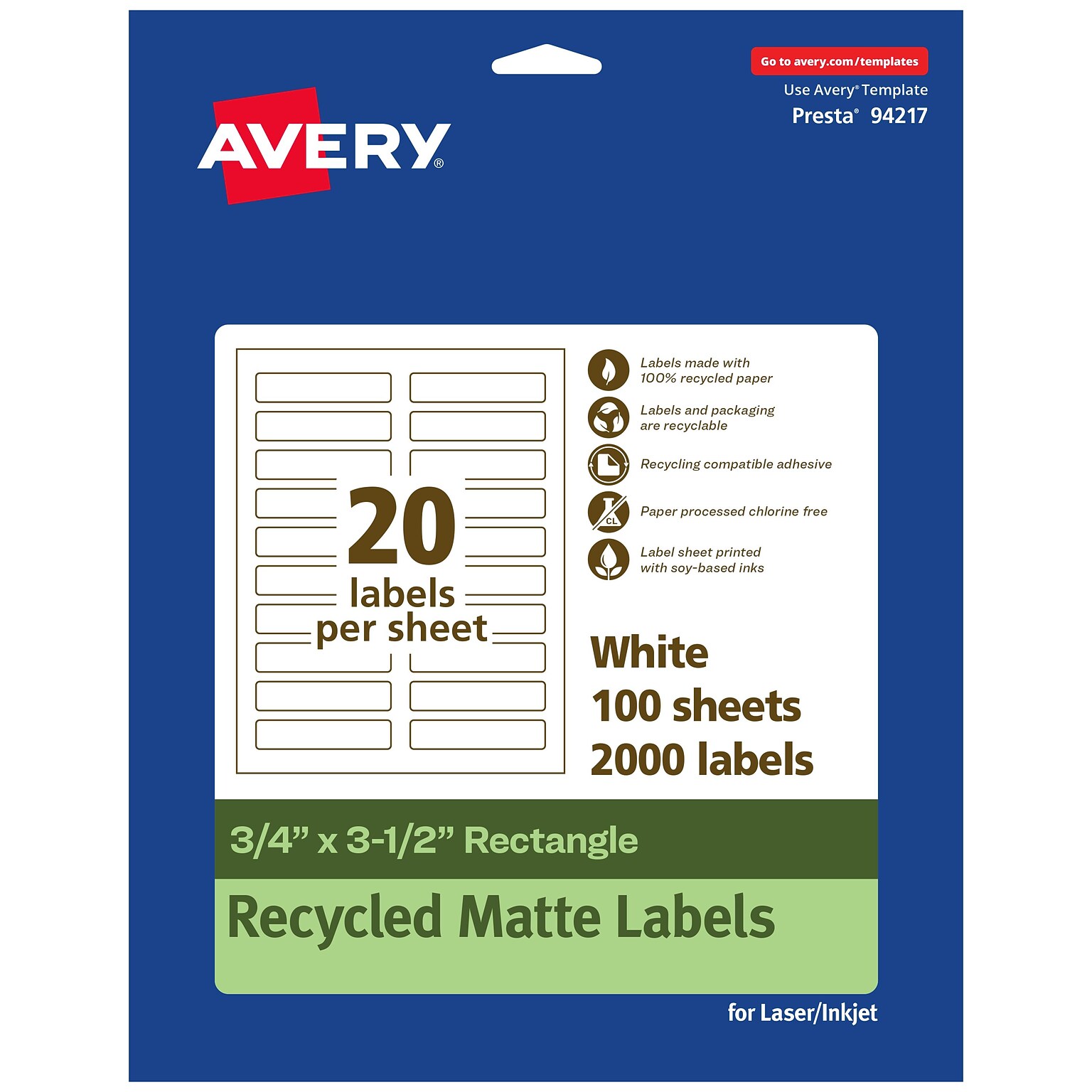 Avery EcoFriendly Laser/Inkjet Rectangle Multipurpose Labels, 3/4 x 3-1/2, White, 2000/Box (94217)