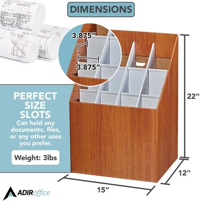 AdirOffice 12-Slot Roll File Box, Walnut, 22"H x 15"W x 12"D, Walnut, 2/Pack (627-2PK)