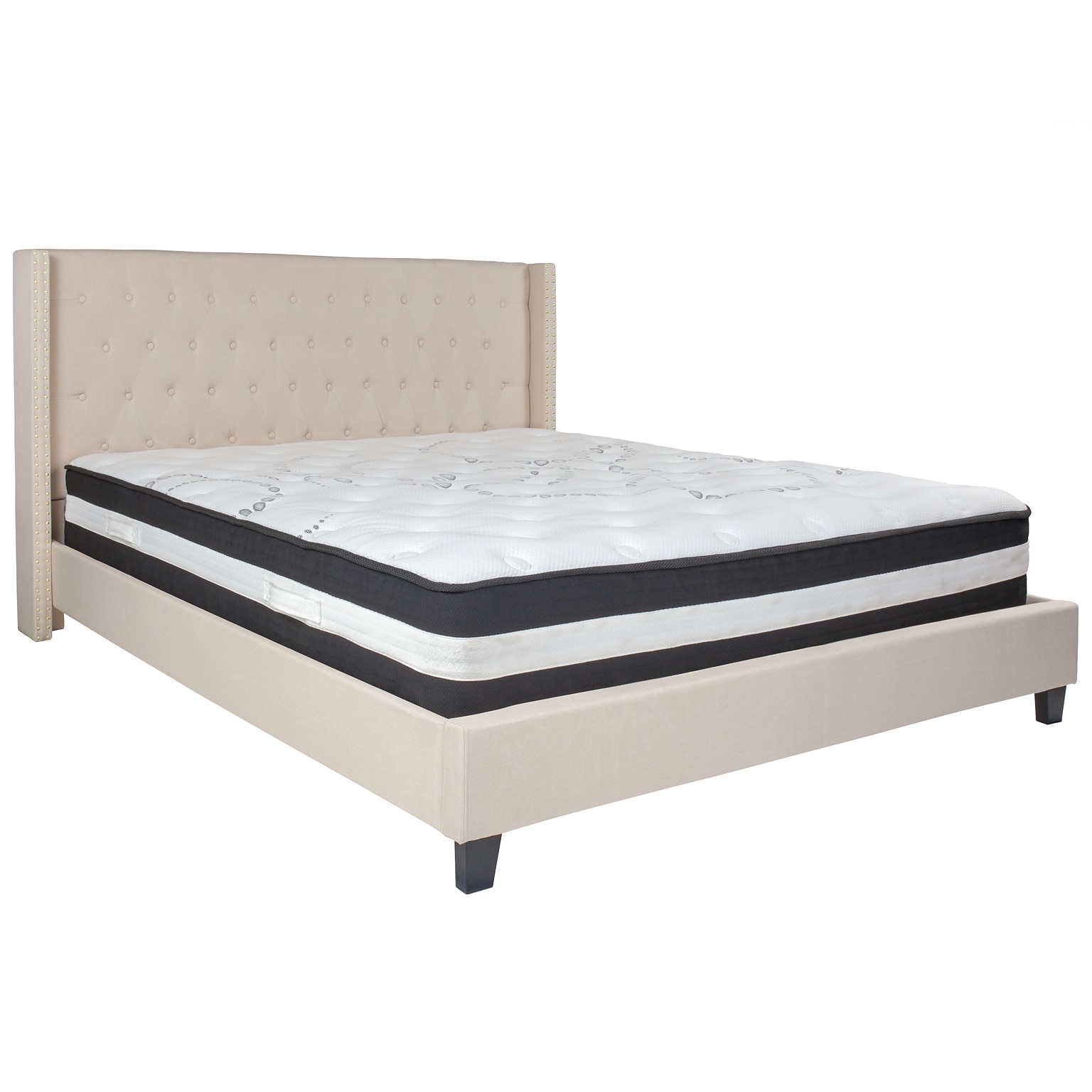 Flash Furniture Riverdale Tufted Upholstered Platform Bed in Beige Fabric with Pocket Spring Mattress, King (HGBM36)
