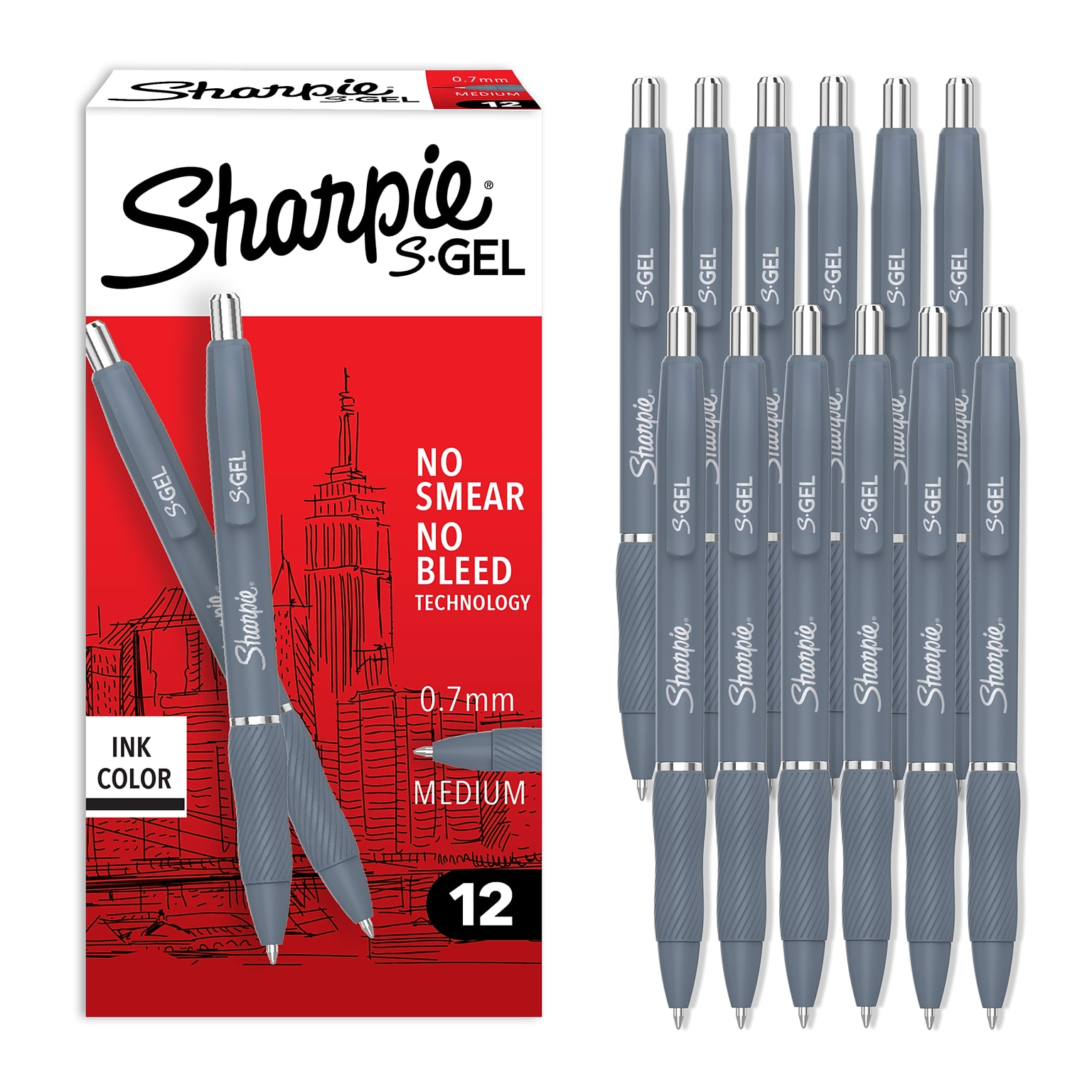 Sharpie S-Gel Retractable Pens, Medium Point, 0.7mm, Black Ink, 12/Pack (2245273)