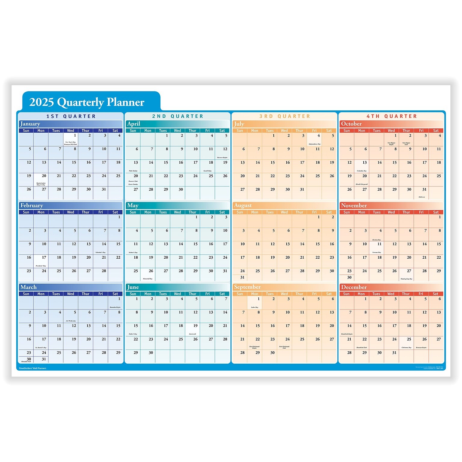 2025 ComplyRight Quarterly Planner 36 x 24 Yearly Dry Erase Wall Calendar, Red/Blue/Orange (J0061)