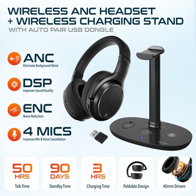 Delton M101 Wireless Active Noise Canceling Bluetooth Stereo Business Headset with HS1 Charging Station, Black (DHSWC1101XD)