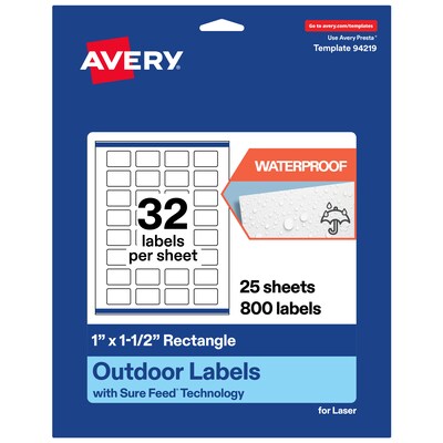 Avery Waterproof Rectangle Laser Multipurpose Labels, 1 x 1.5, White, 800/Pack (19479399241)