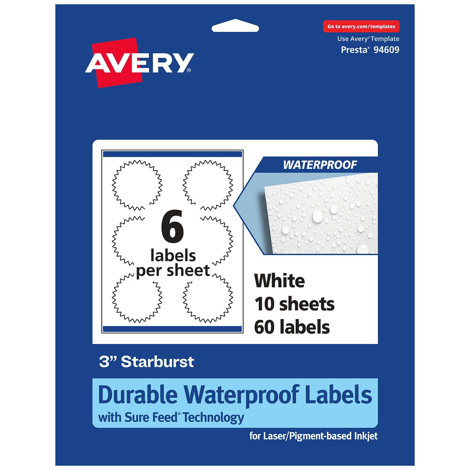 Avery Laser/Inkjet Starburst Waterproof Multipurpose Labels, 3  Dia, White, 60/Pack (94609)
