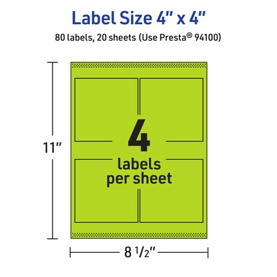 Avery Laser/Inkjet Multipurpose Square Labels, 4" x 4", Bright Green, 80/Pack (94100)