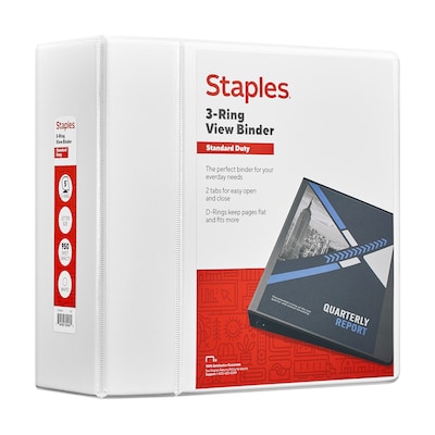 Staples 5 3-Ring View Binder, D-Ring, White (55416/26360)