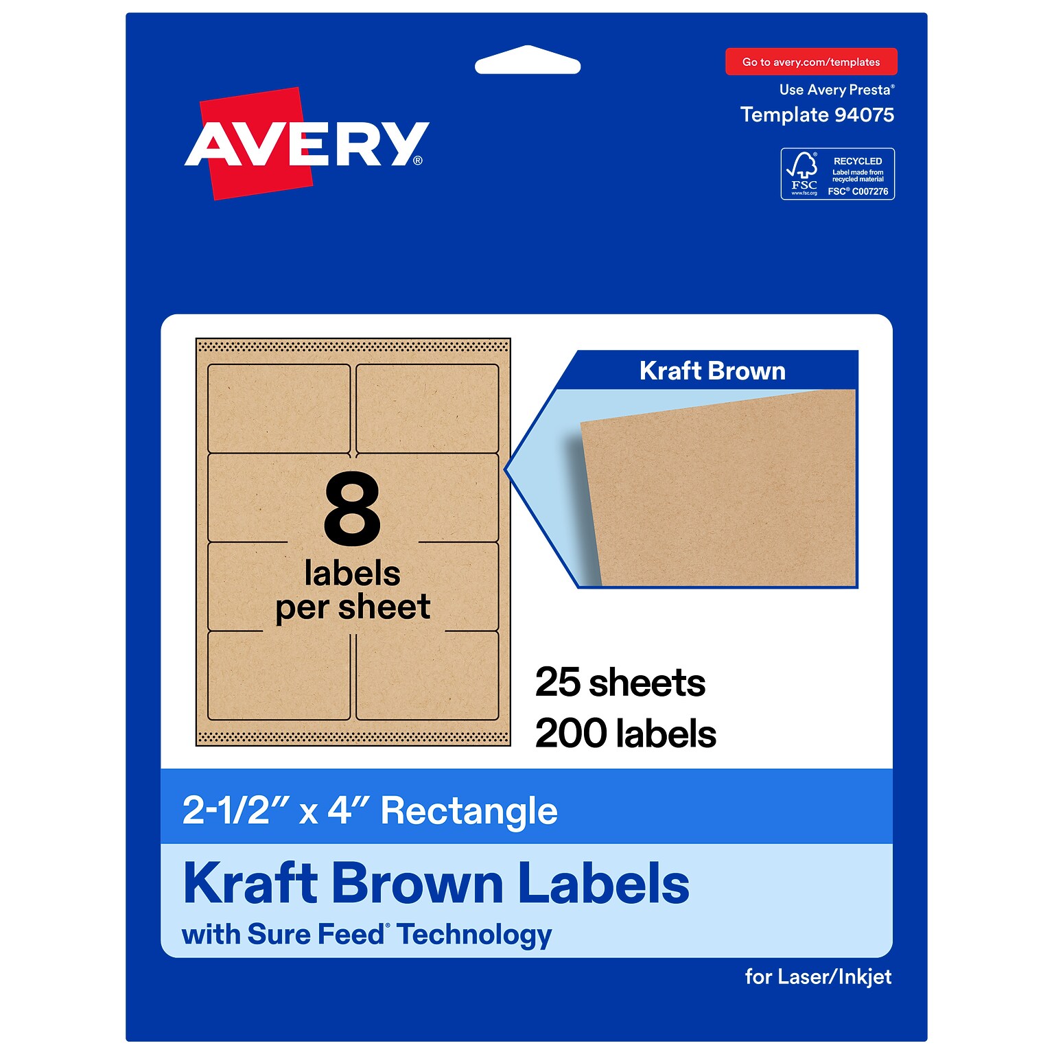 Avery Rectangle Laser/Inkjet Multipurpose Labels, Kraft Brown, 8 Labels/Sheet, 25 Sheets/Pack (19479311164)