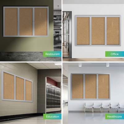 Ghent 3 Door Enclosed Natural Cork Bulletin Board, Satin Aluminum Frame, 3'H x 6'W, (GHEPA33672K)