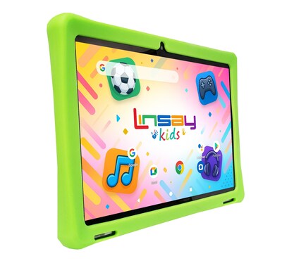 LINSAY F10 Series 10.1" Tablet, Wi-Fi, Octa Core, 256GB eMMC, Android 15, Green Kids Defender Case & Backpack