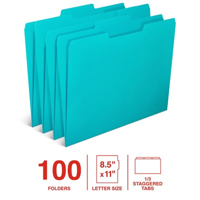 Staples File Folder, 1/3-Cut Tab, Letter Size, Teal, 100/Box (ST62567)