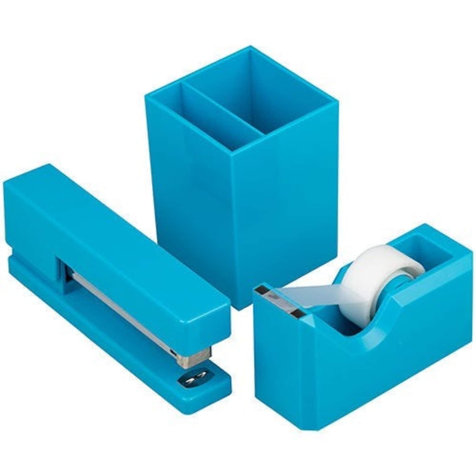 JAM PAPER Desk Trio Pack, Blue, Stapler, Tape Dispenser & Pen Holder, 3/Pack (337841bus)