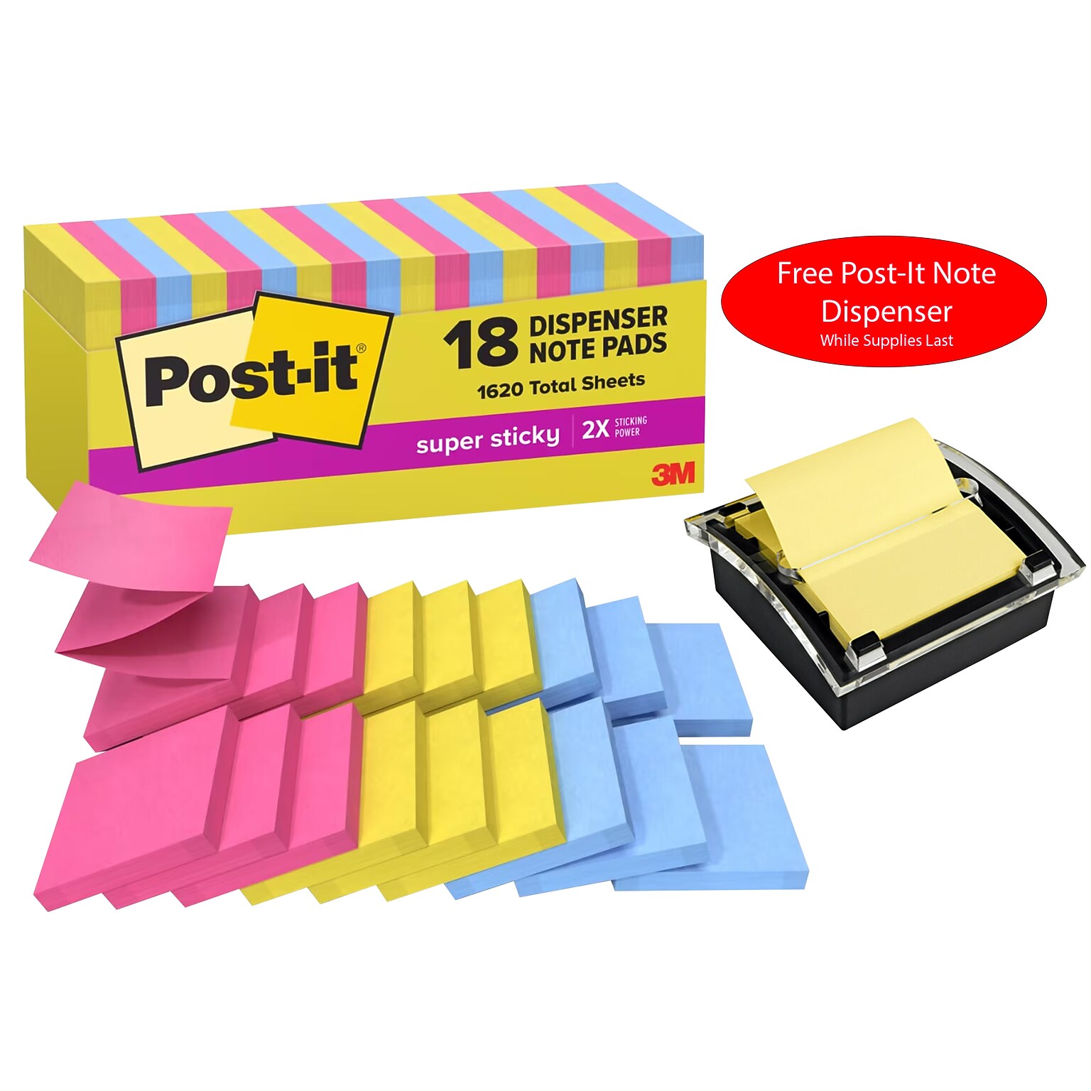 Free Post-It Note Dispenser ($13 value) w/Purchase, 3 x 3 Pop Up Super Sticky Notes, Summer 90 Sheets/Pad, 18/Pads/Pack