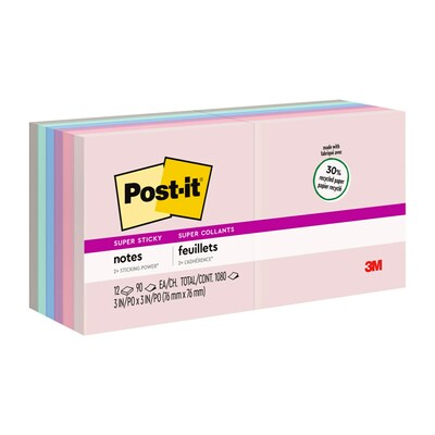 Post-it® Recycled Super Sticky Notes, 3 x 3, Wanderlust Pastels Collection, 90 Sheets/Pad, 12 Pads