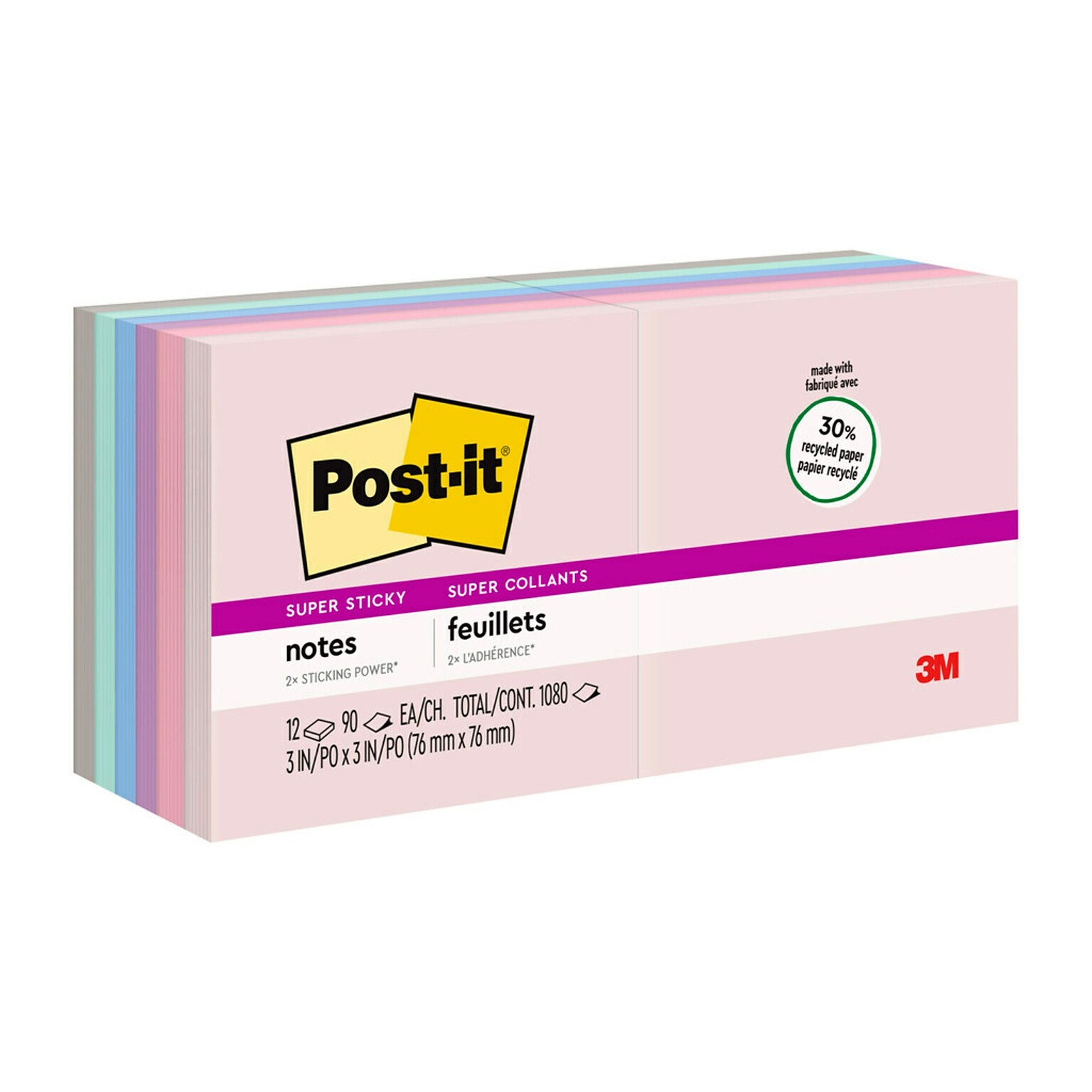 Post-it® Recycled Super Sticky Notes, 3 x 3, Wanderlust Pastels Collection, 90 Sheets/Pad, 12 Pads/Pack (654-12SSNRP)