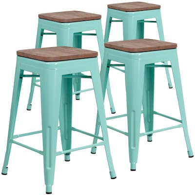 Flash Furniture Shania Industrial Metal Counter Height Stool without Back, Mint Green, 4-Pieces/Pack (4ETBT350324MNTW)