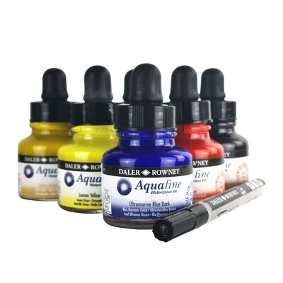 Daler-Rowney Aquafine Watercolor Ink, Assorted Colors, 29.5ml, 7/Set (DRW166100007)