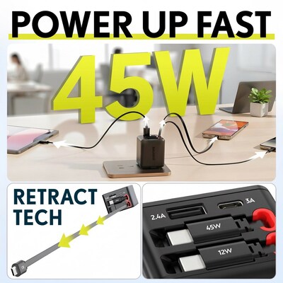 Overtime D36 4-in-1 USB-A/USB-C Wall Charger with USB-C/Lightning Cable, Black (OCAH36CCBK)