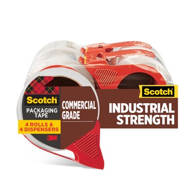 Scotch Commercial Grade Shipping Packing Tape with Dispensers, 1.88 x 54.6 yds., Clear, 4/Pack (3750-4RD)