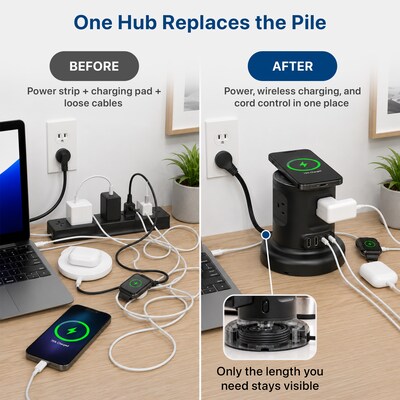 Uncaged Ergonomics USB-C Wireless 6 ft. Retractable Power Strip with 15W Wireless Charger, 4-Outlet, Black (WRPS-2-Black)