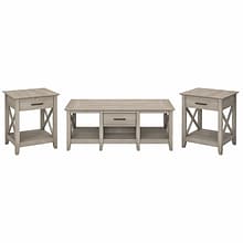 Bush Furniture Key West 47W x 24D Coffee Table with Set of 2 End Tables, Washed Gray (KWS023WG)