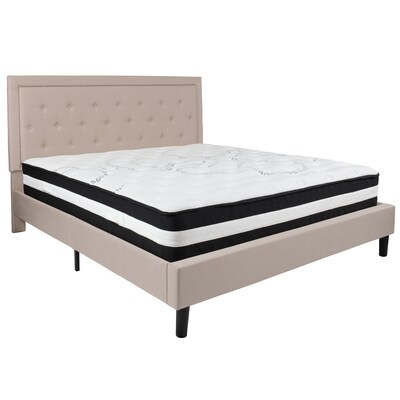 Flash Furniture Roxbury Tufted Upholstered Platform Bed in Beige Fabric with Pocket Spring Mattress,