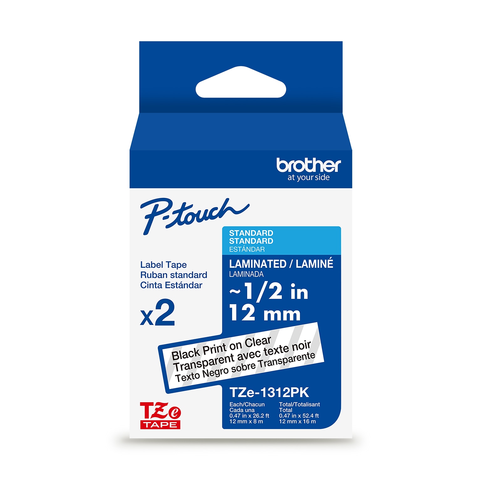 Brother P-touch Laminated Label Tape, ~1/2 x 26.2, Black on Clear, 2/pack (TZe1312PK)