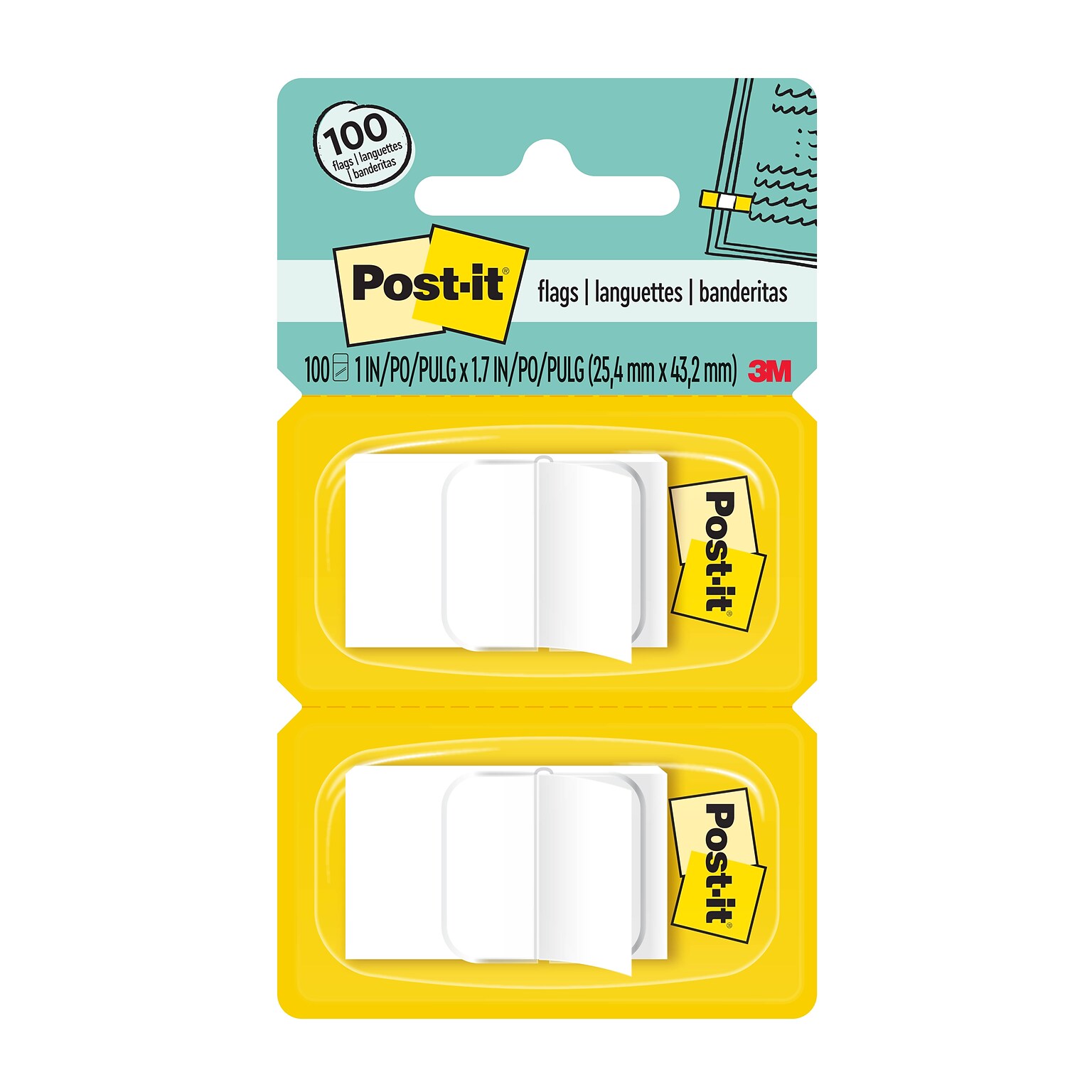 Post-it® Flags, 1 Wide, White, 2 Pads of 50, 100 Flags/Pack (680-WE2)