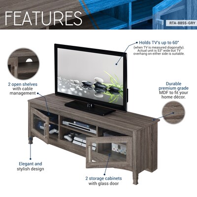 Techni Mobili Console TV Stand, Screens up to 60", Gray (RTA-8855-GRY)