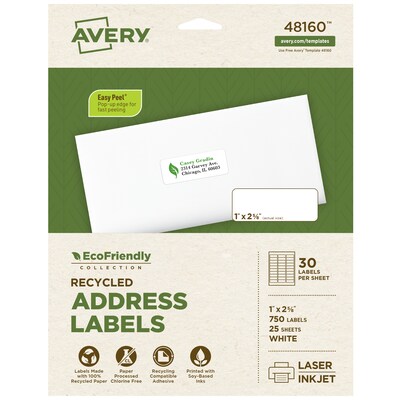 Avery EcoFriendly Laser/Inkjet Address Labels, 1 x 2-5/8, White, 750 Labels/Pack (48160)