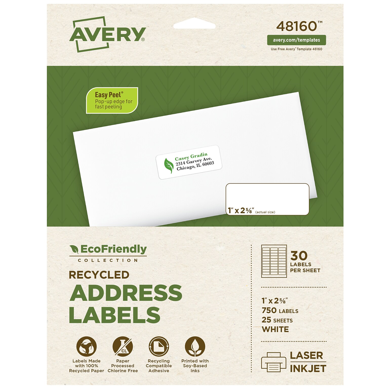 Avery EcoFriendly Laser/Inkjet Address Labels, 1 x 2-5/8, White, 750 Labels/Pack (48160)