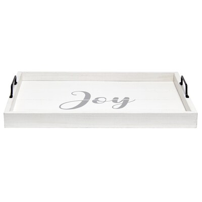 Elegant Designs "Joy" Decorative Wood Serving Tray w/ Handles, 15.50" x 12", White Wash (HG2000-WJY)