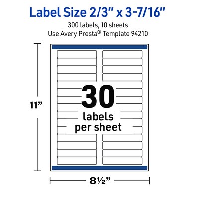 Avery Rectangle Laser Multipurpose Labels, 2/3" x 3-7/16", White, 300/Pack (19479399220)