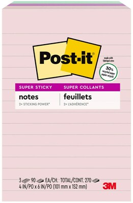 Post-it Recycled Super Sticky Notes, 4 x 6, Wanderlust Pastels Collection, Lined, 90 Sheets/Pad, 3