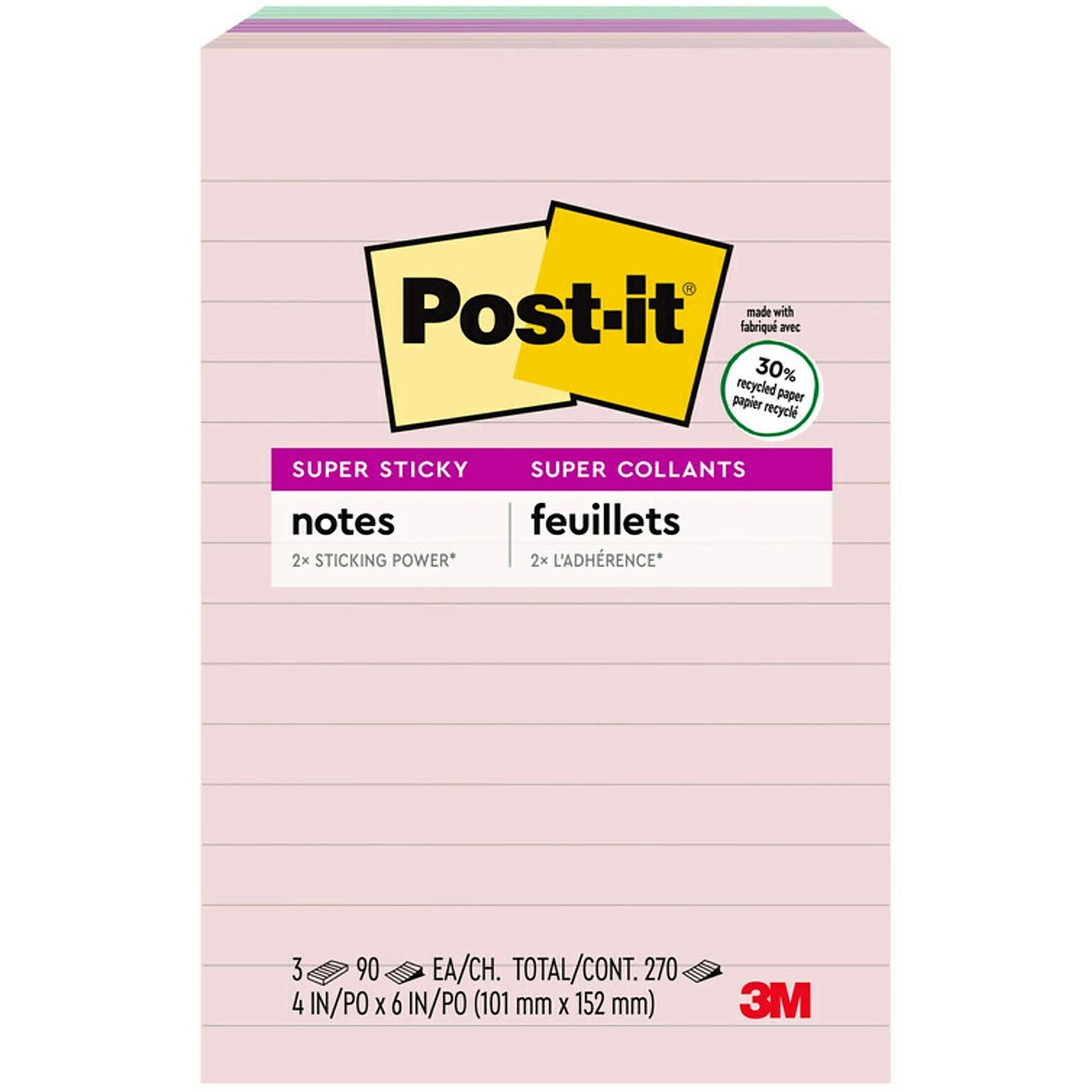 Post-it Recycled Super Sticky Notes, 4 x 6, Wanderlust Pastels Collection, Lined, 90 Sheets/Pad, 3 Pads/Pack (660-3SSNRP)
