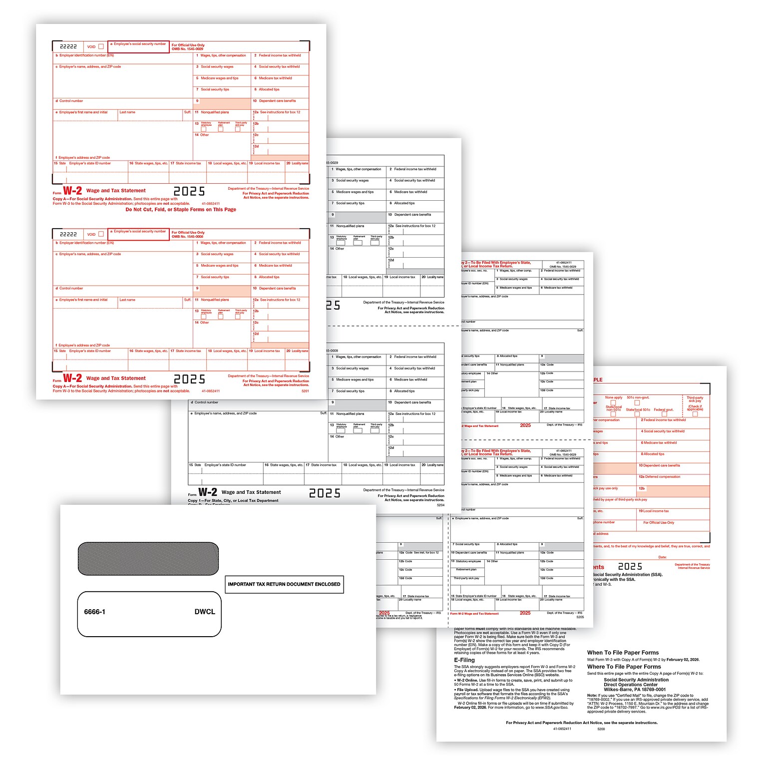 ComplyRight 2025 W-2 Tax Form Tax Form Set with Envelopes, 6-Part, 2-Up, 50/Pack (95216E)