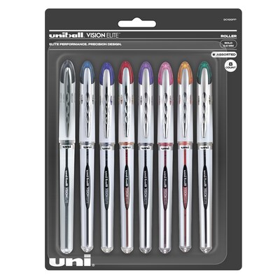 uni-ball Vision Elite Rollerball Pens, Bold Point, Assorted Colors Ink, 8/Pack (90199PP)