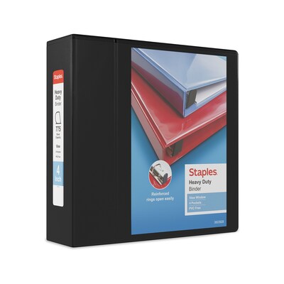 Staples® Heavy Duty 4 3 Ring View Binder with D-Rings, Black, 4/Pack (56235CT/24695CT)