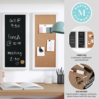 Martha Stewart Everette Cork Board, Chalk Board, Letter Board Set, White Woodgrain Frame, 18" x 24" (BRDK202210111WT)