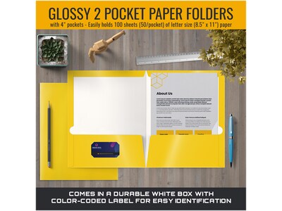 Better Office Glossy 2-Pocket Portfolio Folder, Yellow, 25/Pack (80180-25PK)